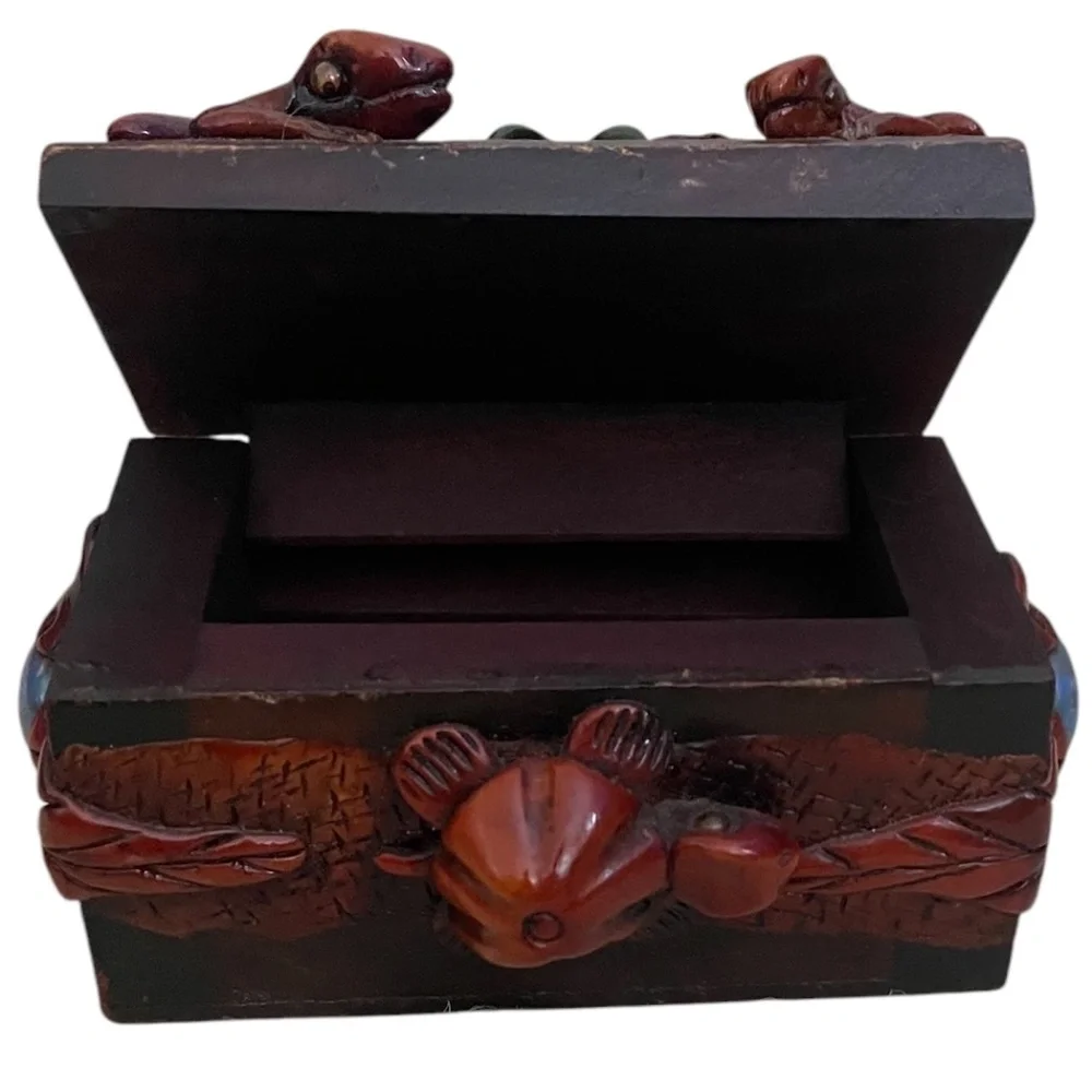 Handmade Decorated Bejeweled Sculpted Frog Trinket Wooden Box‎